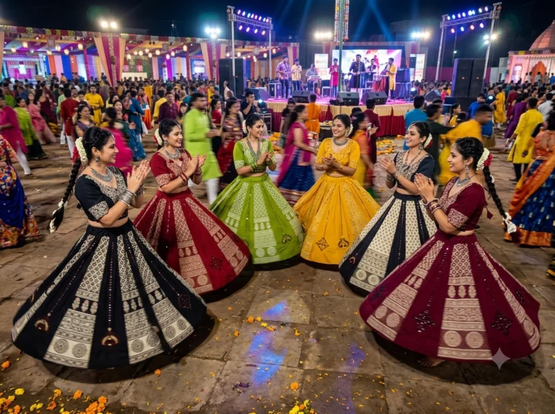 Navratri printed rayon lehenga choli with mirror work - High-Quality Fabric