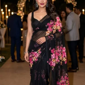 Premium black georgette fabric pink floral sabyasachi print - High-Quality Fabric