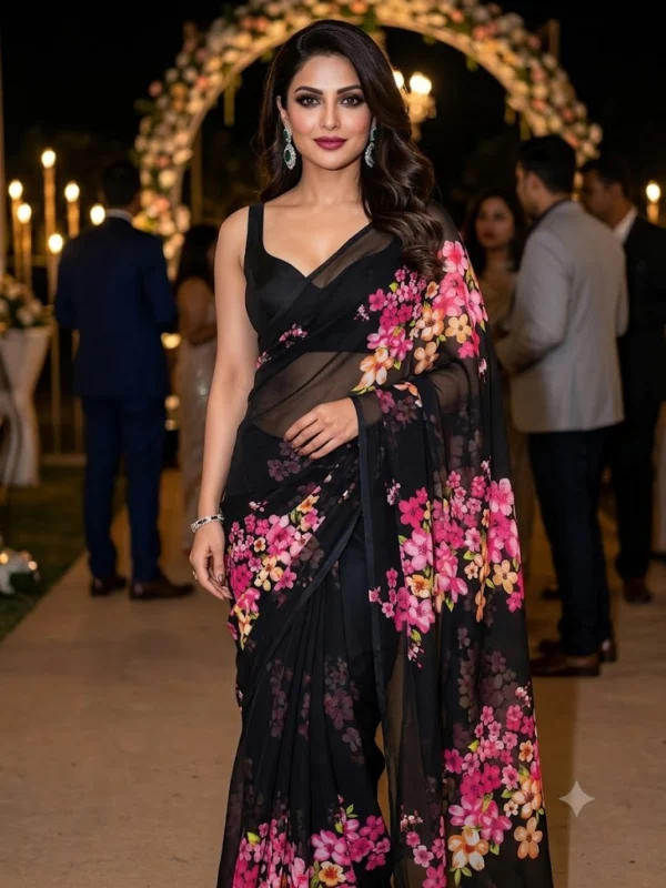 Premium black georgette fabric pink floral sabyasachi print - High-Quality Fabric