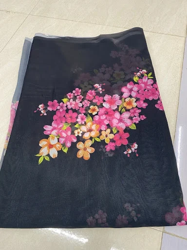 Premium black georgette fabric pink floral sabyasachi print - High-Quality Fabric