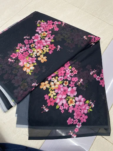 Premium black georgette fabric pink floral sabyasachi print - High-Quality Fabric