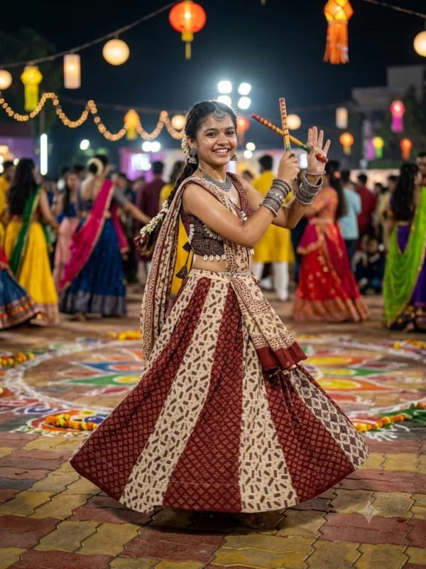 Ajrakh print cotton kali lehenga choli with kodi work - High-Quality Fabric