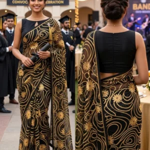 Black golden floral brasso georgette saree fabric - High-Quality Fabric