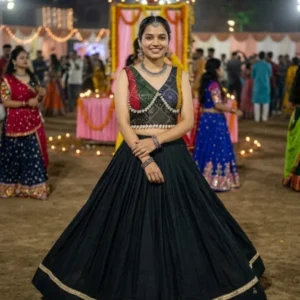 Black rayon cotton garba lehenga choli with kodi work blouse - High-Quality Fabric