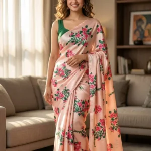 Peach bougainvillea floral print satin silk saree fabric - High-Quality Fabric