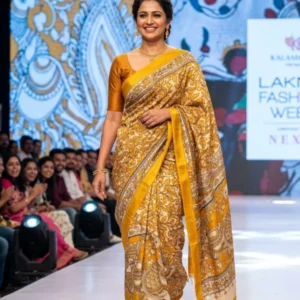 Pure dola silk hand block kalamkari saree with zari border - High-Quality Fabric