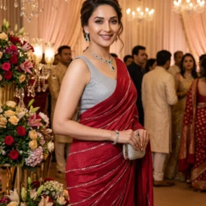 Bollywood diva wearing a red space silk saree with silver embroidery blouse at a wedding reception.