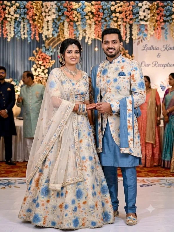 Shimmer tissue silk floral printed ethnic wear fabric featuring couple in matching lehenga choli and kurta sherwani outfit reference
