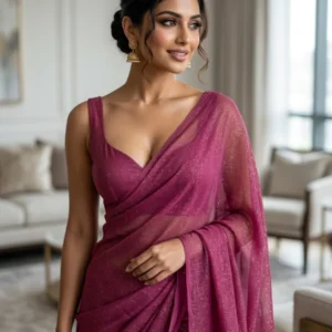 Smoke georgette shimmer saree bollywood style metallic drape - High-Quality Fabric